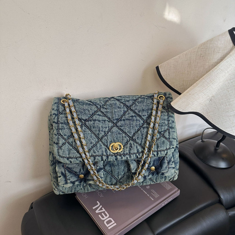 Denim Large Capacity Fragrant Wind Messenger Bag Diamond Chain Shoulder Bag