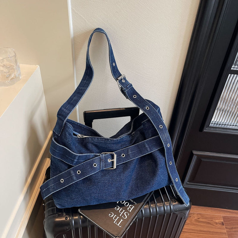 Retro Denim Shoulder Bag Large Capacity Women's Commuter Messenger Bag
