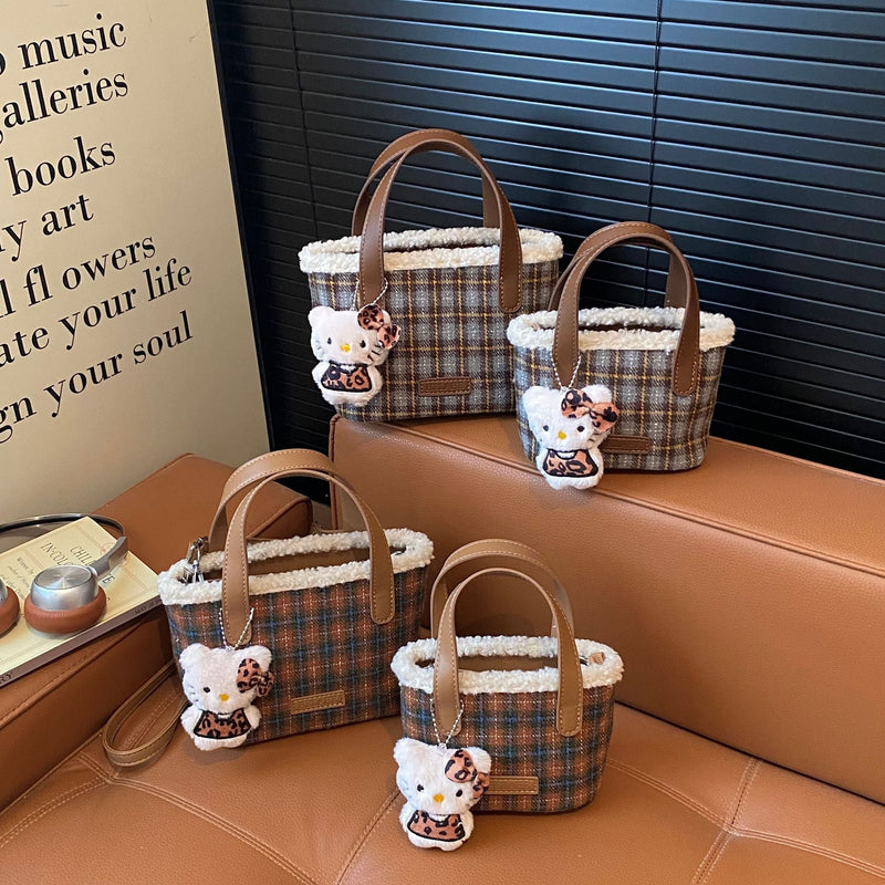 Plaid Mini Bucket Bag Woolen Shoulder Bag