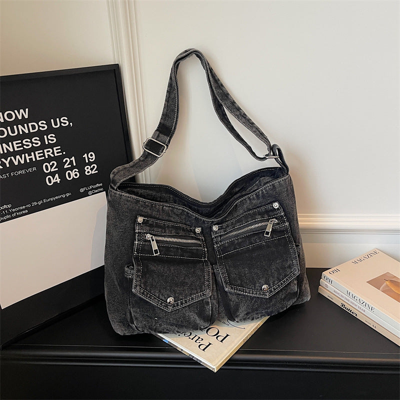 Large Capacity Denim Shoulder Bag for Commuters
