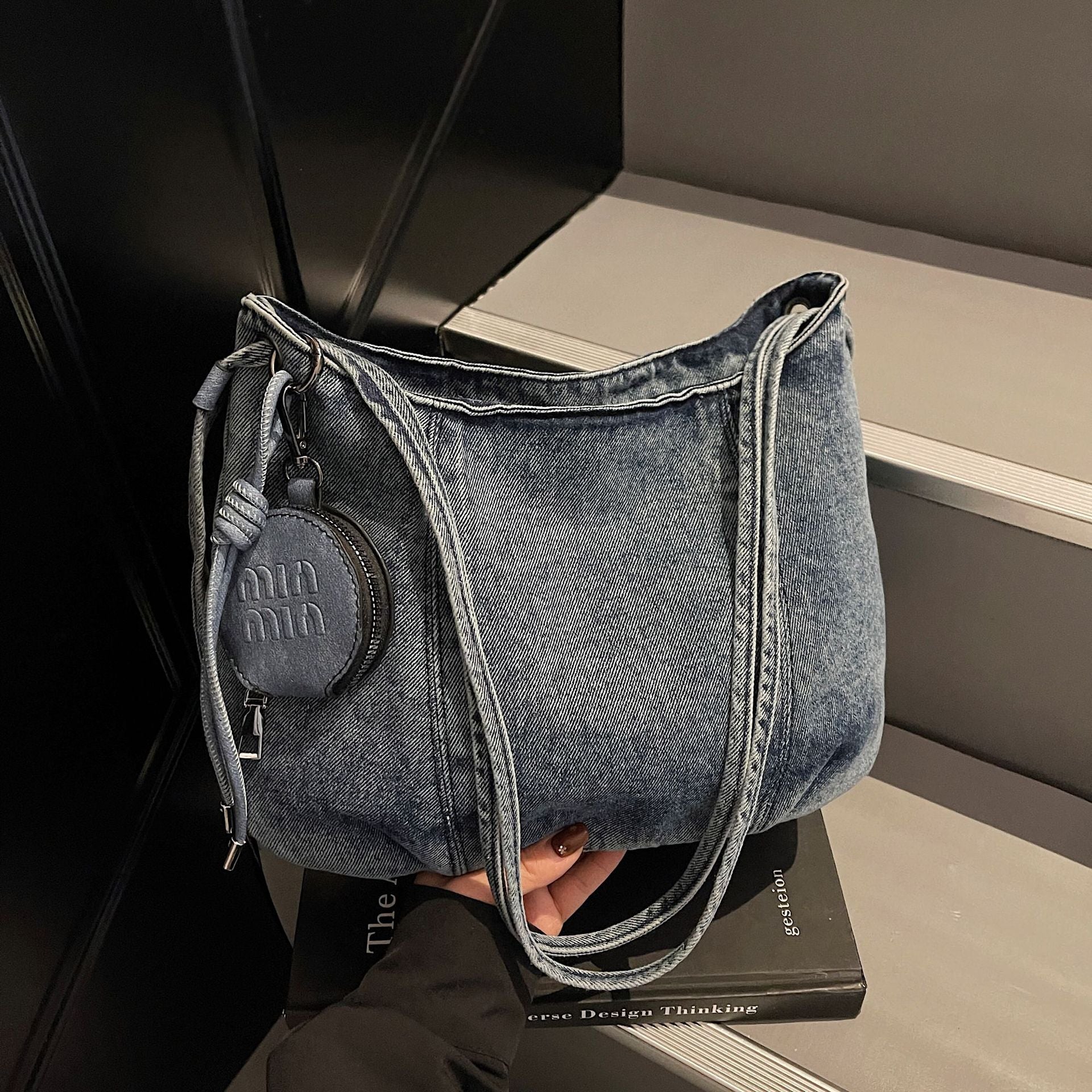 Miu Denim Dumpling Bag Large Capacity Shoulder Crossbody Retro Washed