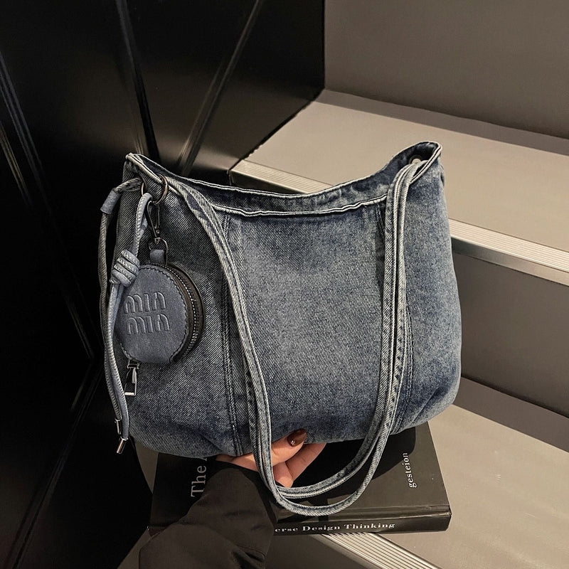 Miu Denim Dumpling Bag Large Capacity Shoulder Crossbody Retro Washed