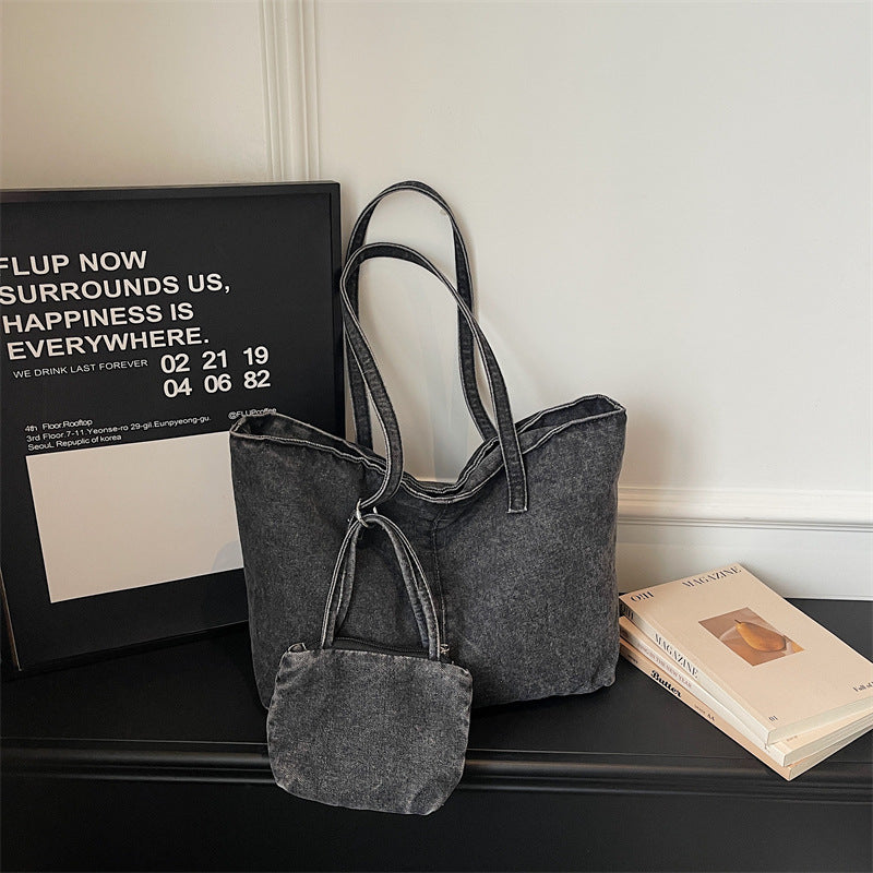 Retro Denim Commuter Tote Bag Large Capacity Shoulder Bag
