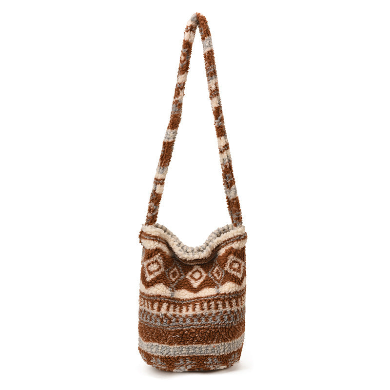 Ethnic Style Plush Bucket Bag Women's Shoulder Bag Large Capacity Retro Casual