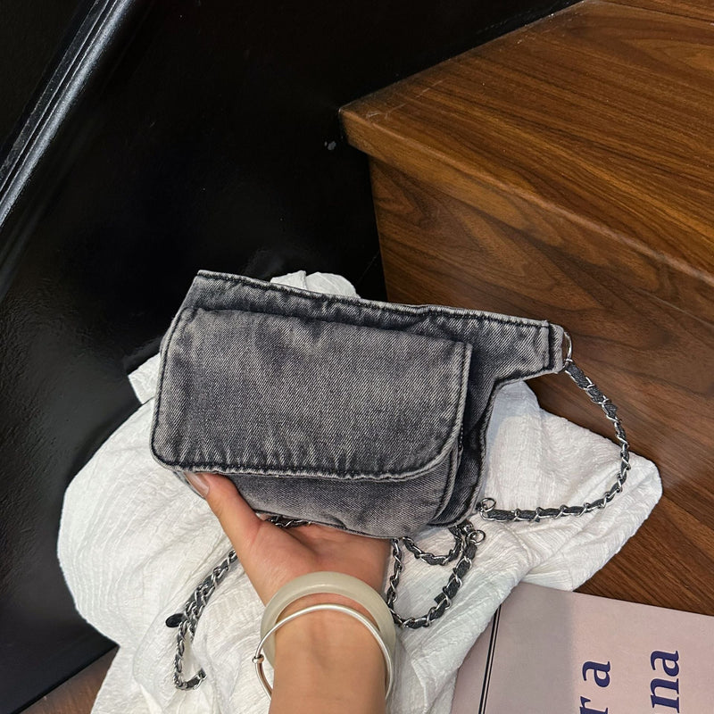 Cool Contrasting Color Denim Messenger Bag Splicing Pleated Shoulder Fanny Pack