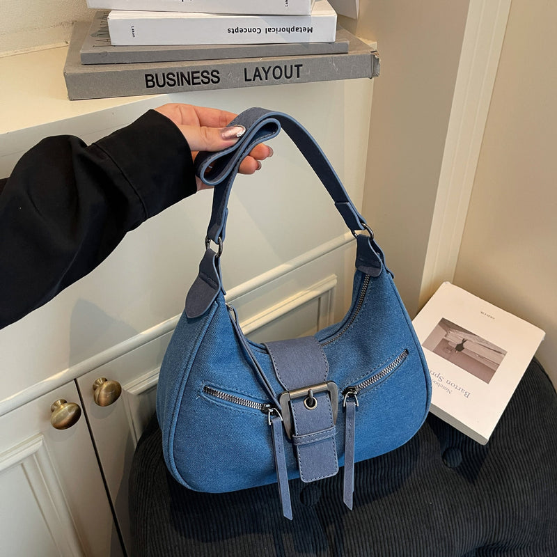 Retro Denim Crescent Shoulder Bag with Buckle