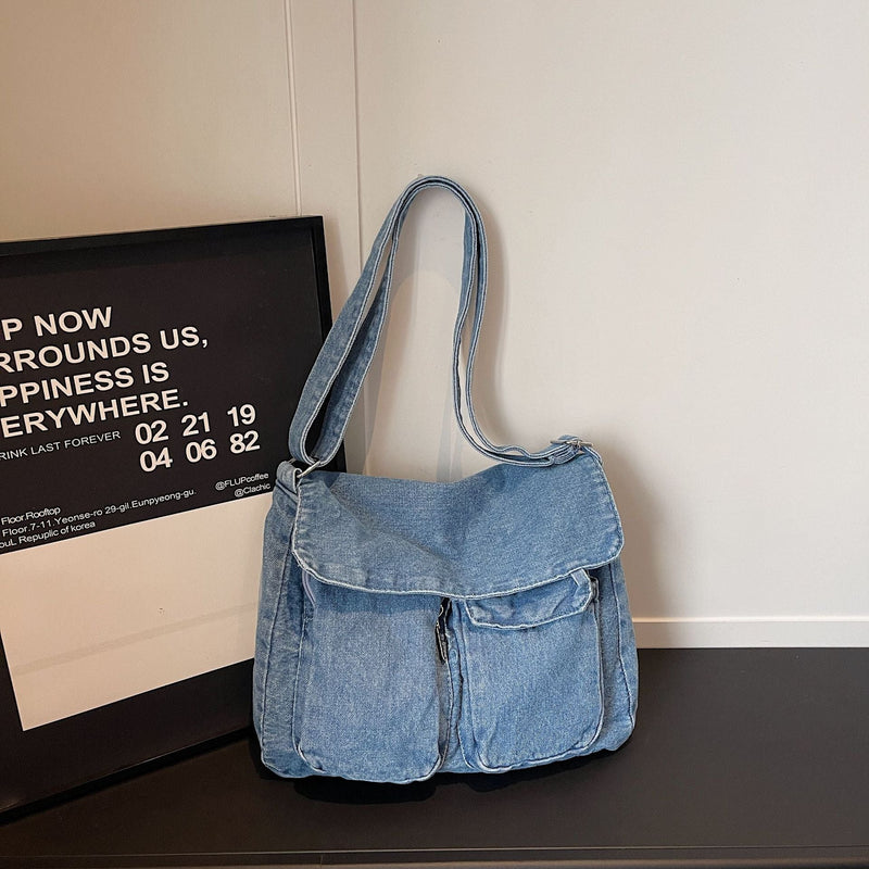 Retro Denim Messenger Bag Street Trend Casual Large Capacity Commuter Shoulder Bag