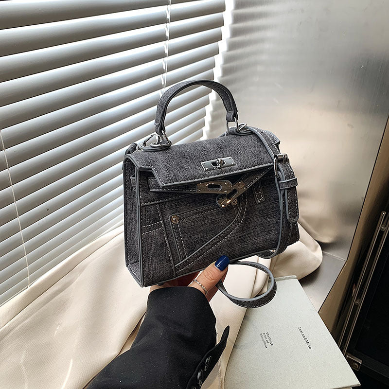 Premium Splicing Kelly Bag Women's Lock Denim Shoulder Bag