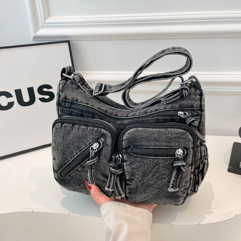 Trend Sense Denim Shoulder Bag Large Capacity Multi-Pocket Student Travel Messenger Bag