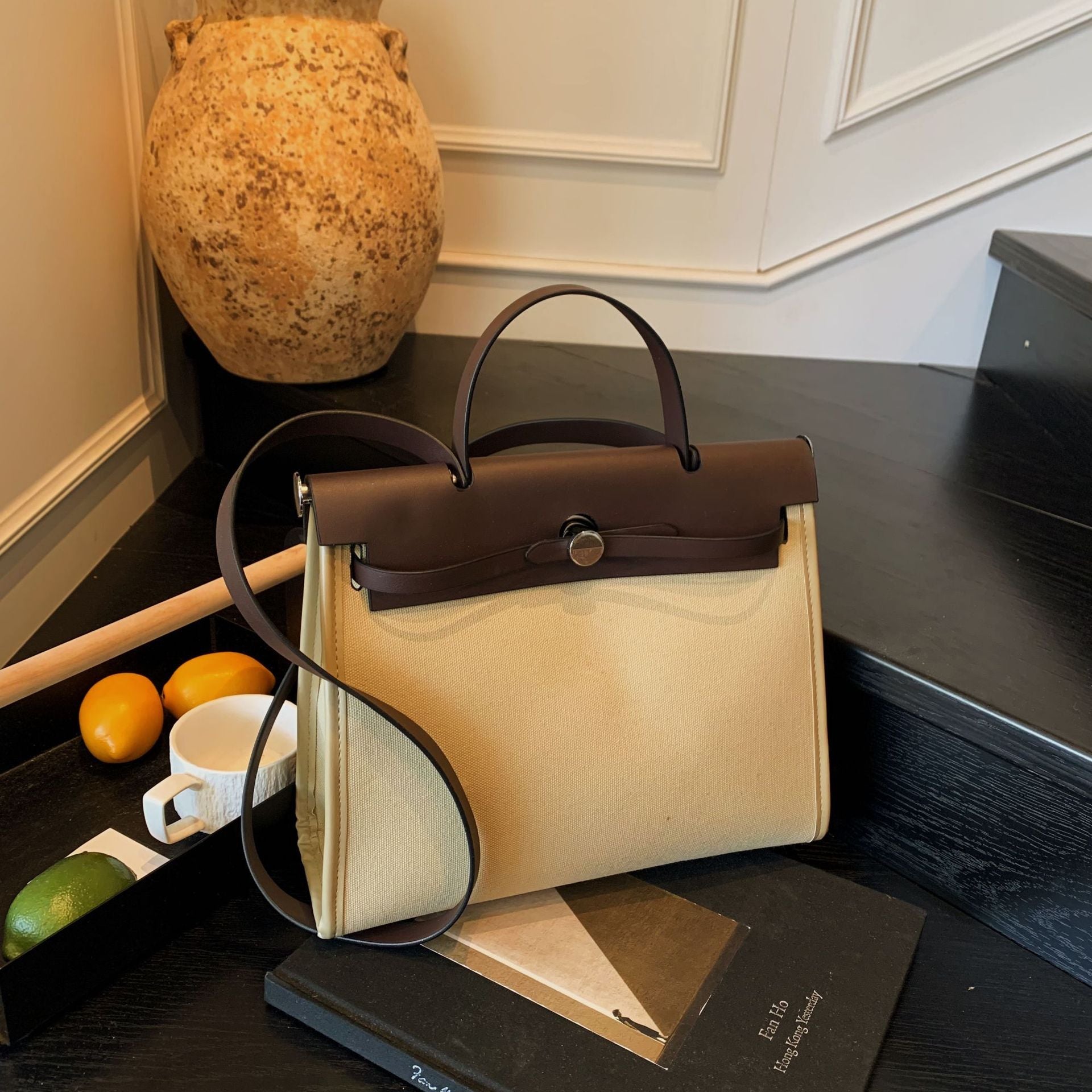 High-End Canvas Splicing Kelly Bag Large-Capacity Shoulder Bag