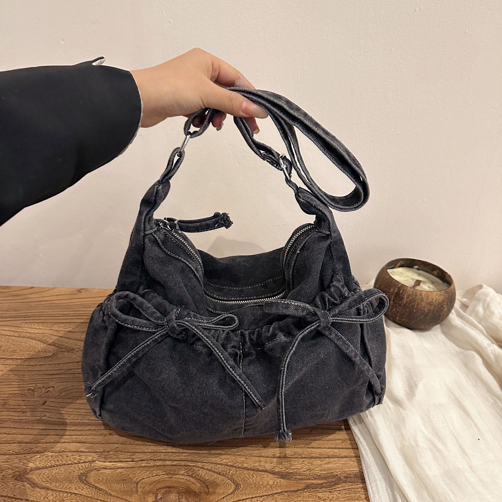Bow Denim Messenger Bag Lightweight Commuter Shoulder Bag