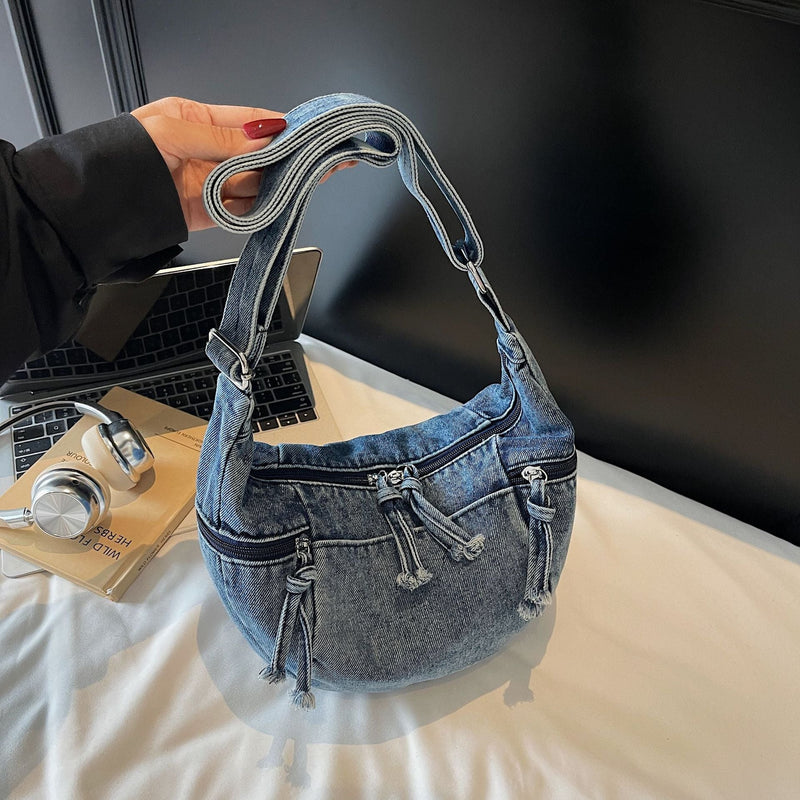 Dongdaemun Denim Messenger Bag Large Capacity Casual Pleated One-Shoulder