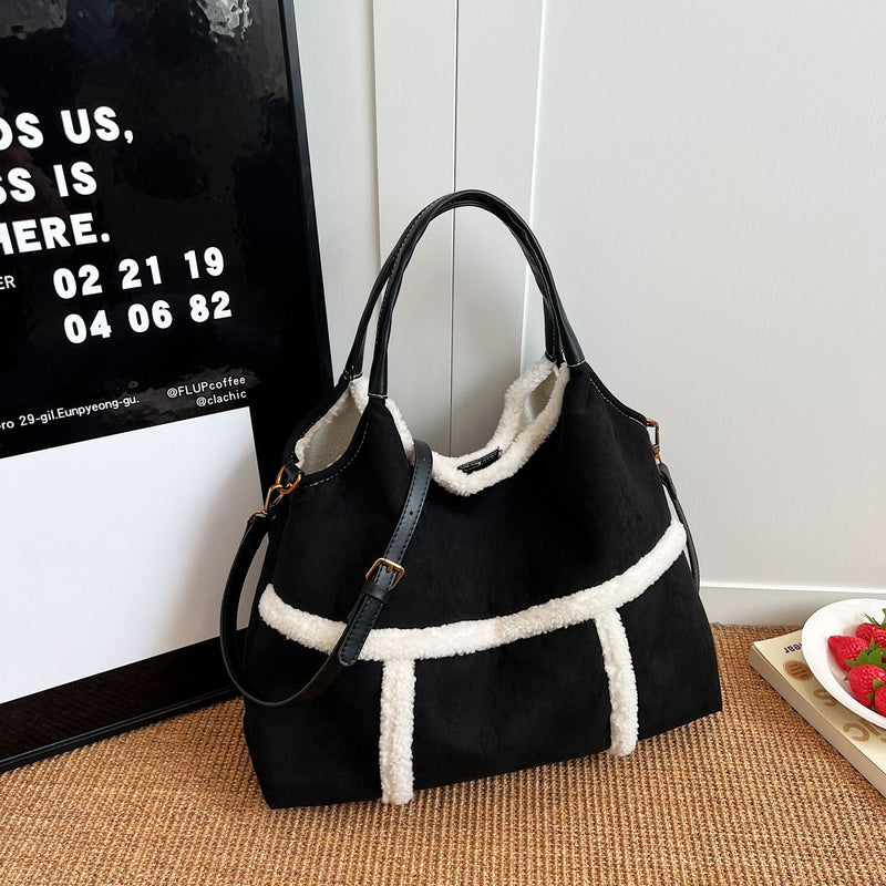 Plush Contrasting Color Messenger Tote Bag Large Capacity Shoulder Bag