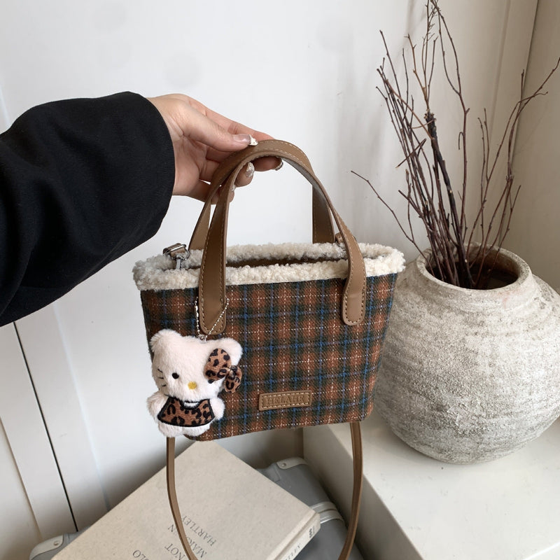Plaid Mini Bucket Bag Woolen Shoulder Bag
