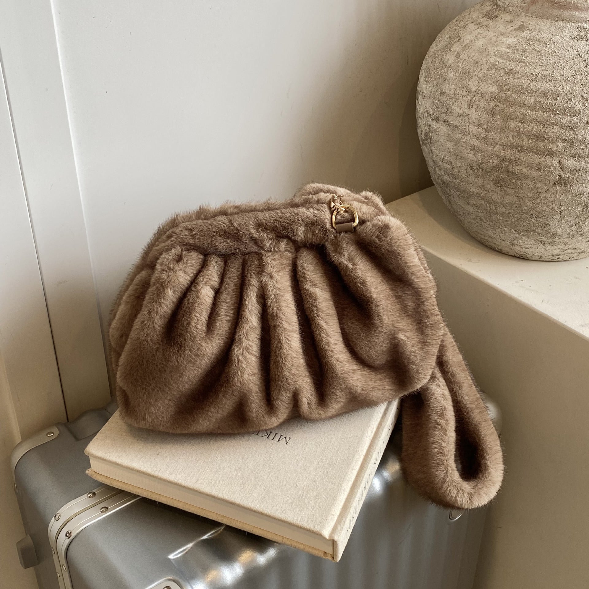 Fluffy Small Messenger Bag Cute Drawstring One Shoulder Fashionable Folds