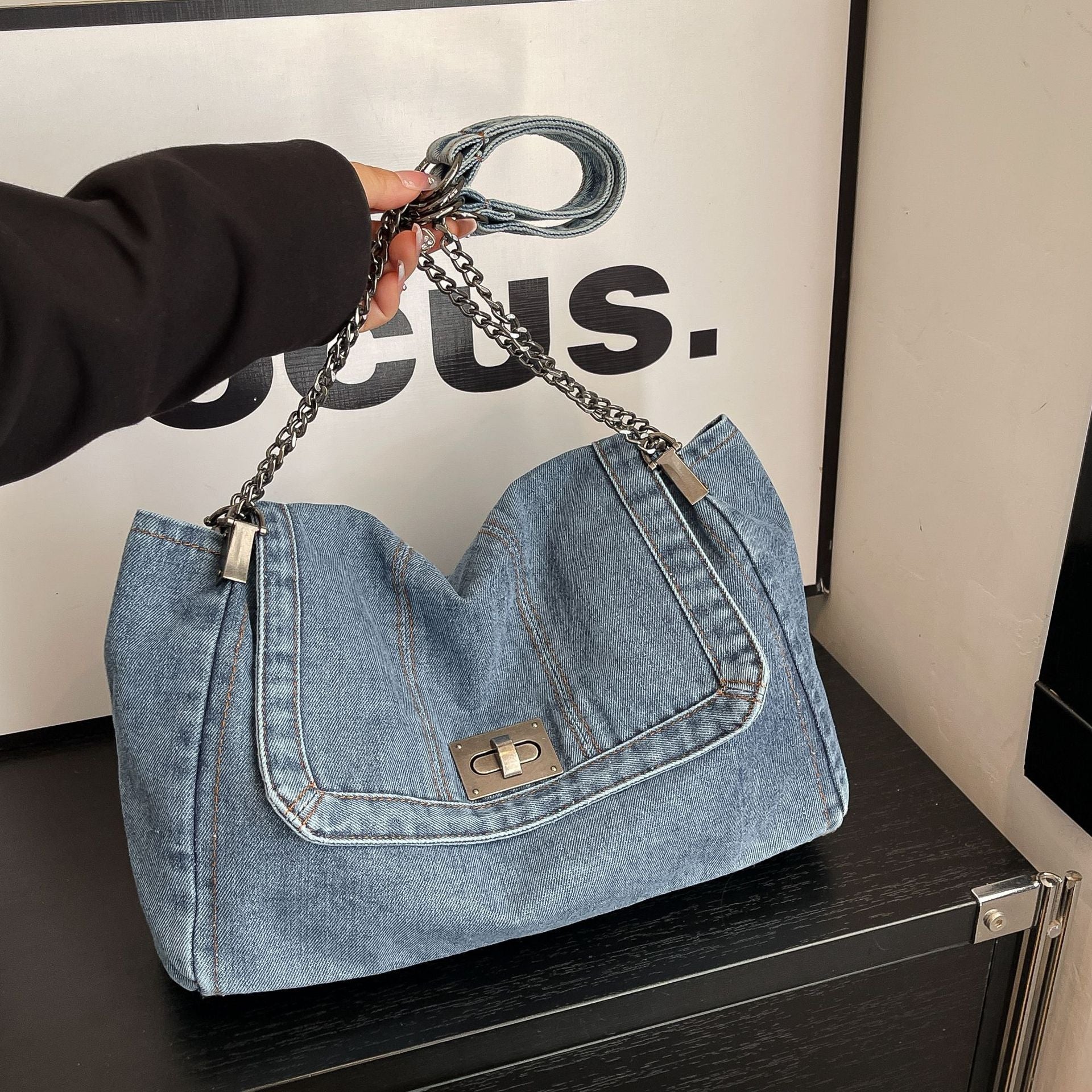 Denim Canvas Tote Bag Retro Commuter Shoulder Bag