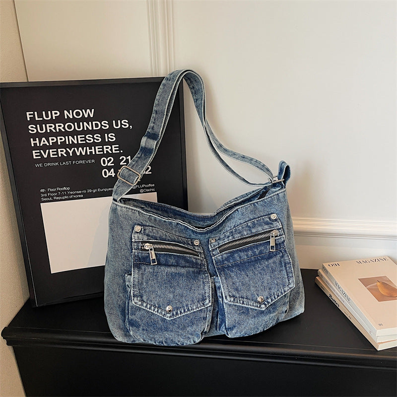 Large Capacity Denim Shoulder Bag for Commuters