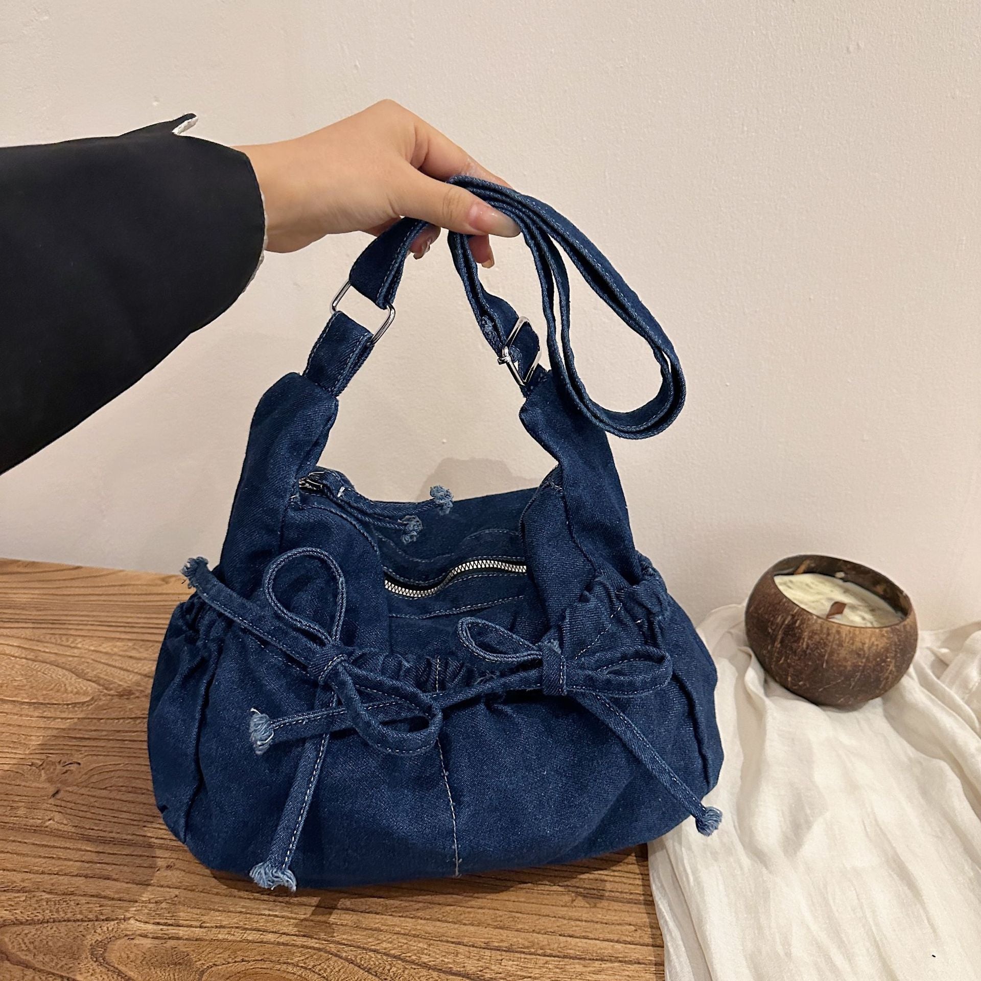 Bow Denim Messenger Bag Lightweight Commuter Shoulder Bag