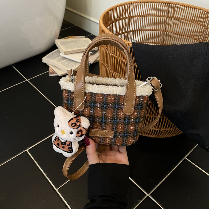 Plaid Mini Bucket Bag Woolen Shoulder Bag