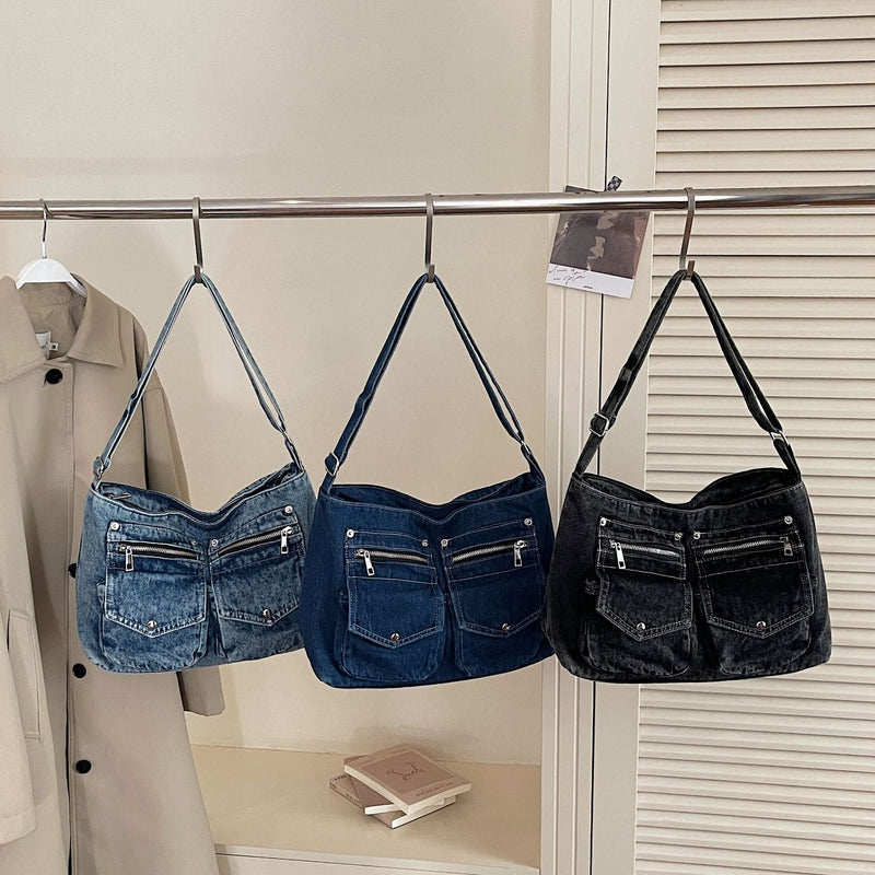 Large Capacity Denim Shoulder Bag for Commuters