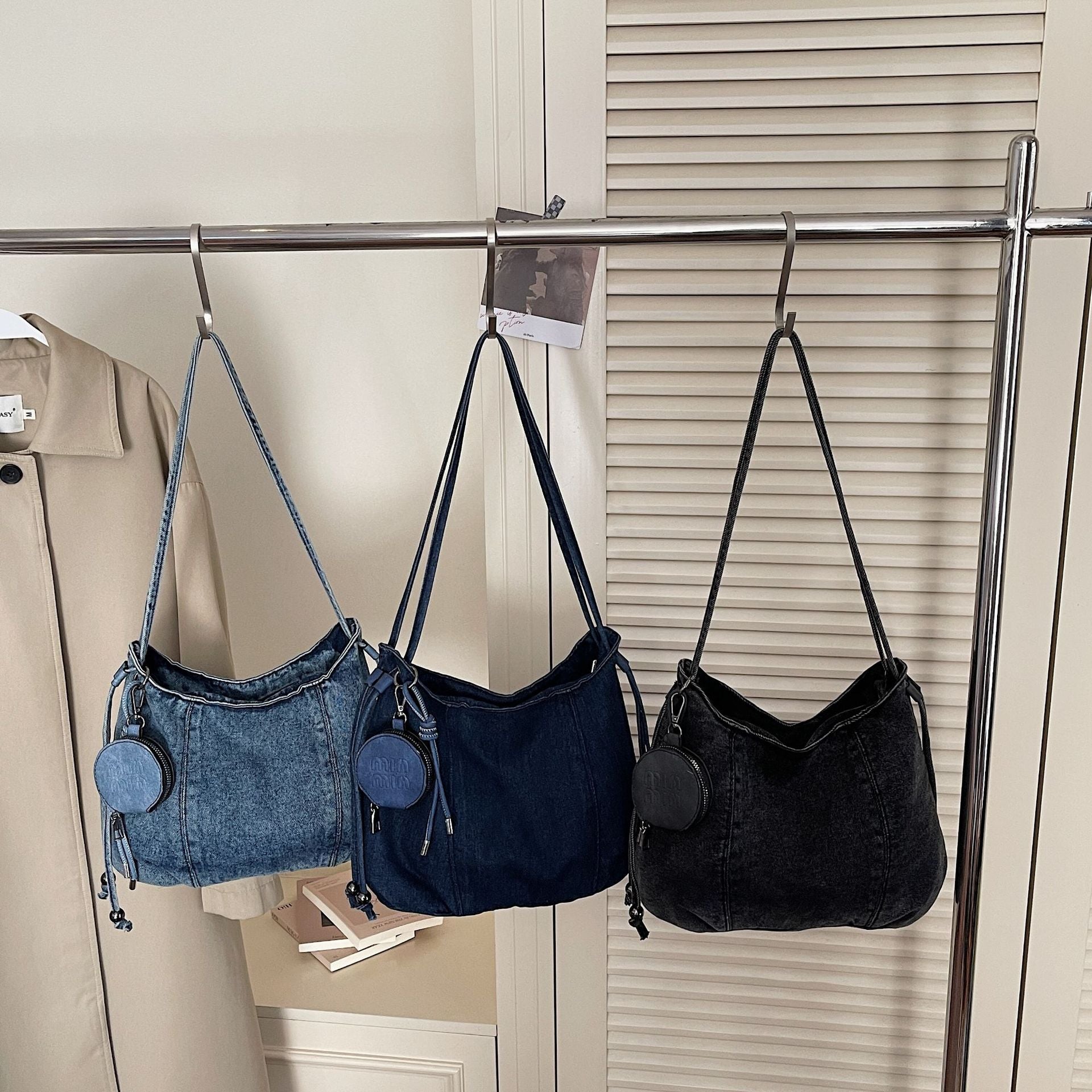 Miu Denim Dumpling Bag Large Capacity Shoulder Crossbody Retro Washed