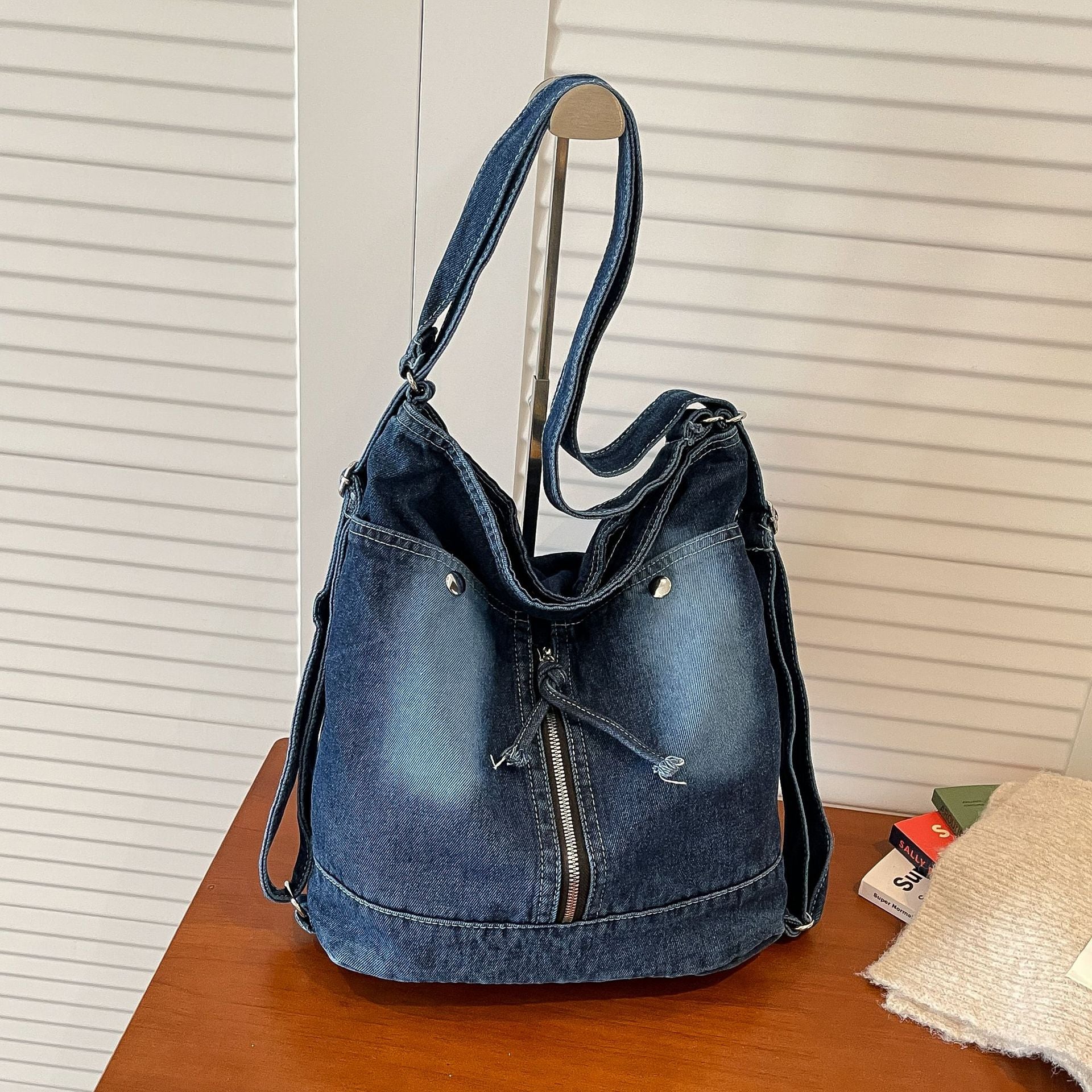 Large-Capacity Denim Backpack Daily Commuting Tote Bag