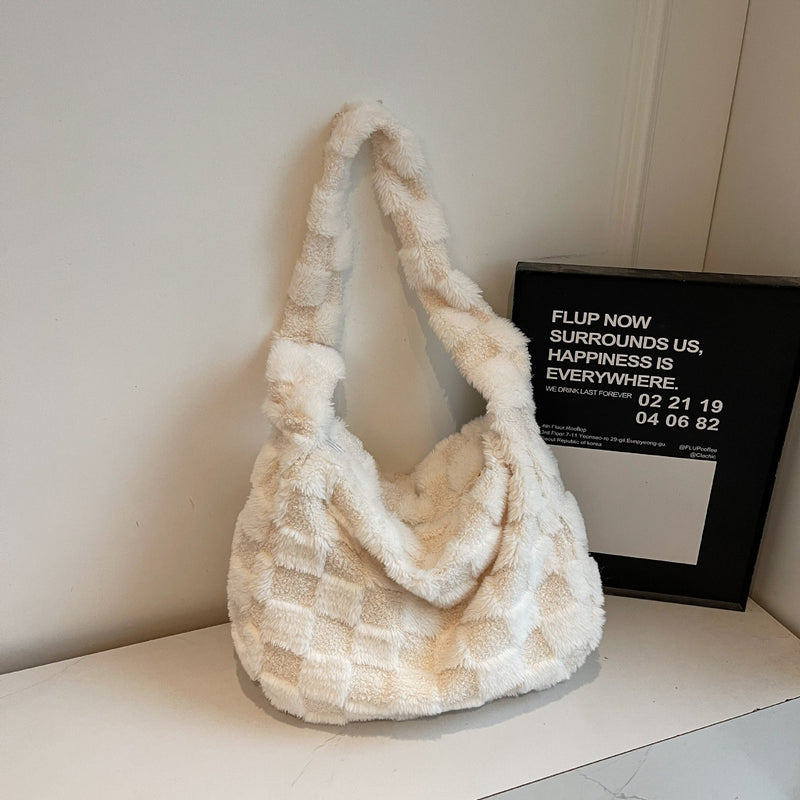 Checkerboard Plush Messenger Bag Versatile Commuter Fashion