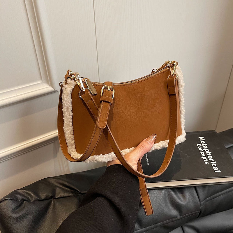 Retro Matte Suede Shoulder Bag Splicing Underarm Commuter Messenger