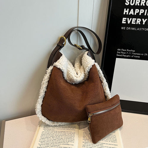 Contrasting Color Plush Bucket Bag Fashionable Lazy Wind Shoulder Bag