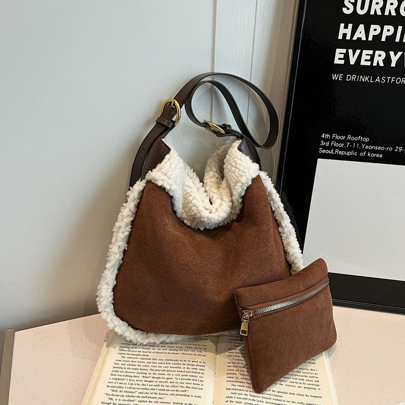 Contrasting Color Plush Bucket Bag Fashionable Lazy Wind Shoulder Bag