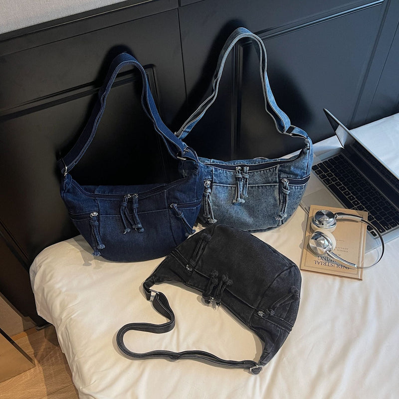 Dongdaemun Denim Messenger Bag Large Capacity Casual Pleated One-Shoulder