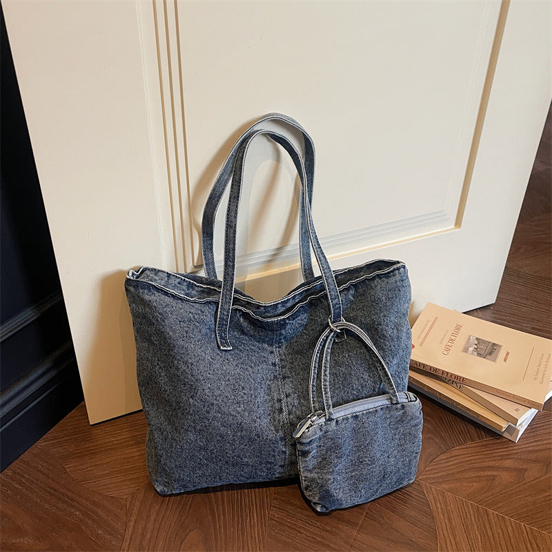 Retro Denim Commuter Tote Bag Large Capacity Shoulder Bag