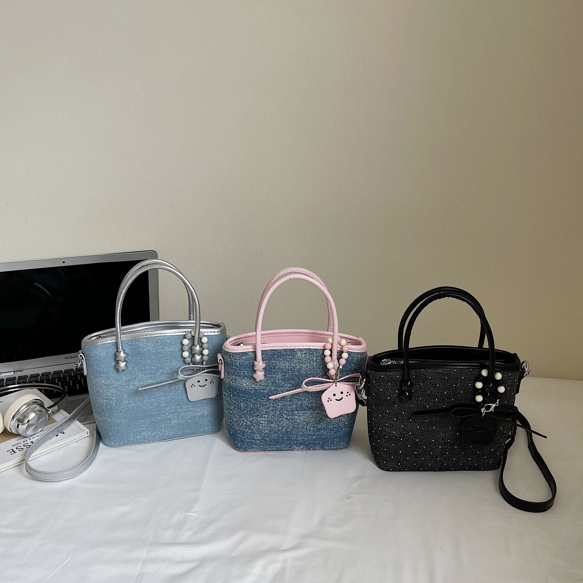 Denim Diamond Bucket Bag Commuter Vegetable Basket Handbag