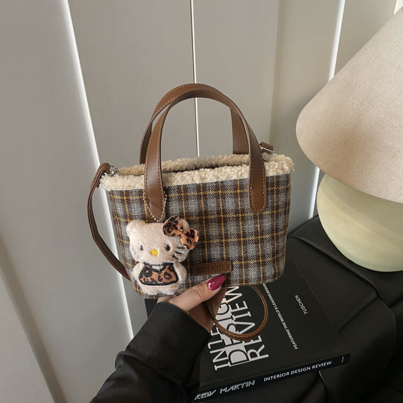Plaid Mini Bucket Bag Woolen Shoulder Bag