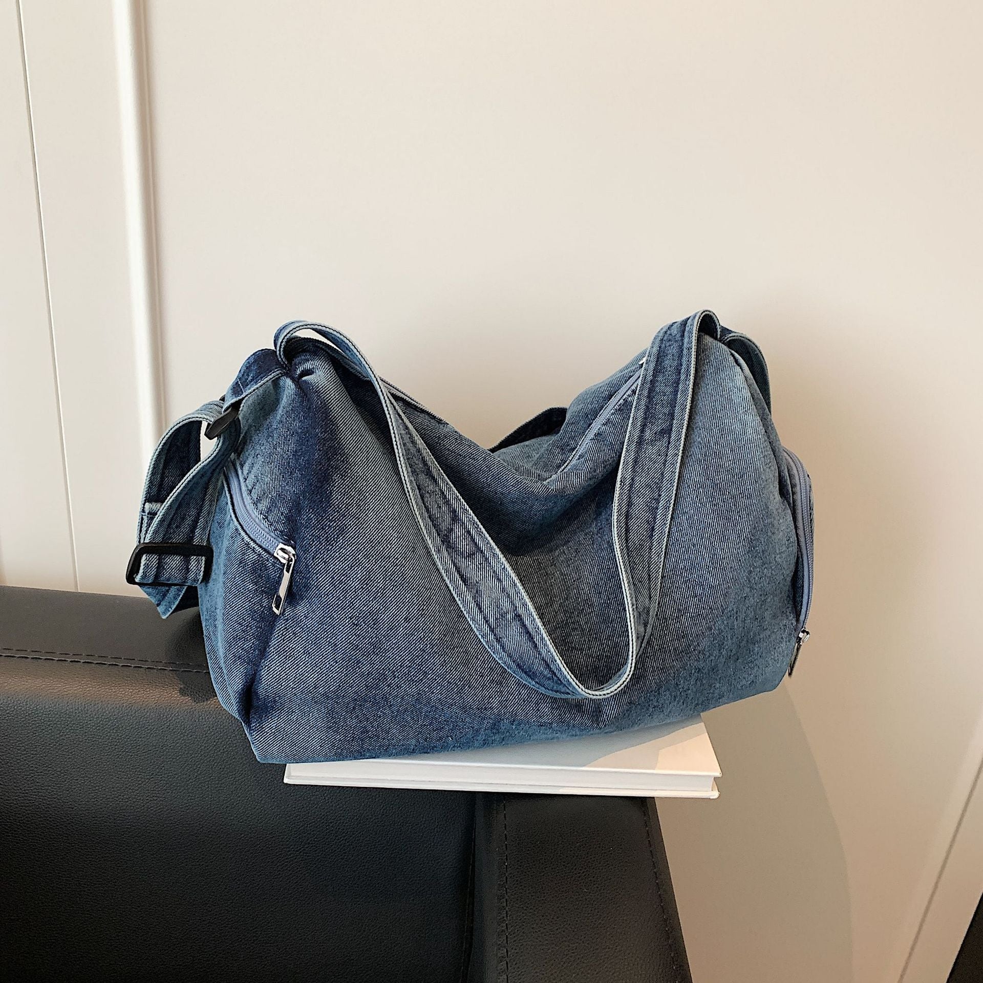 Denim Messenger Bag Large Capacity Commuter Unisex Sports Style