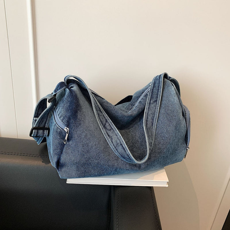 Denim Messenger Bag Large Capacity Commuter Unisex Sports Style