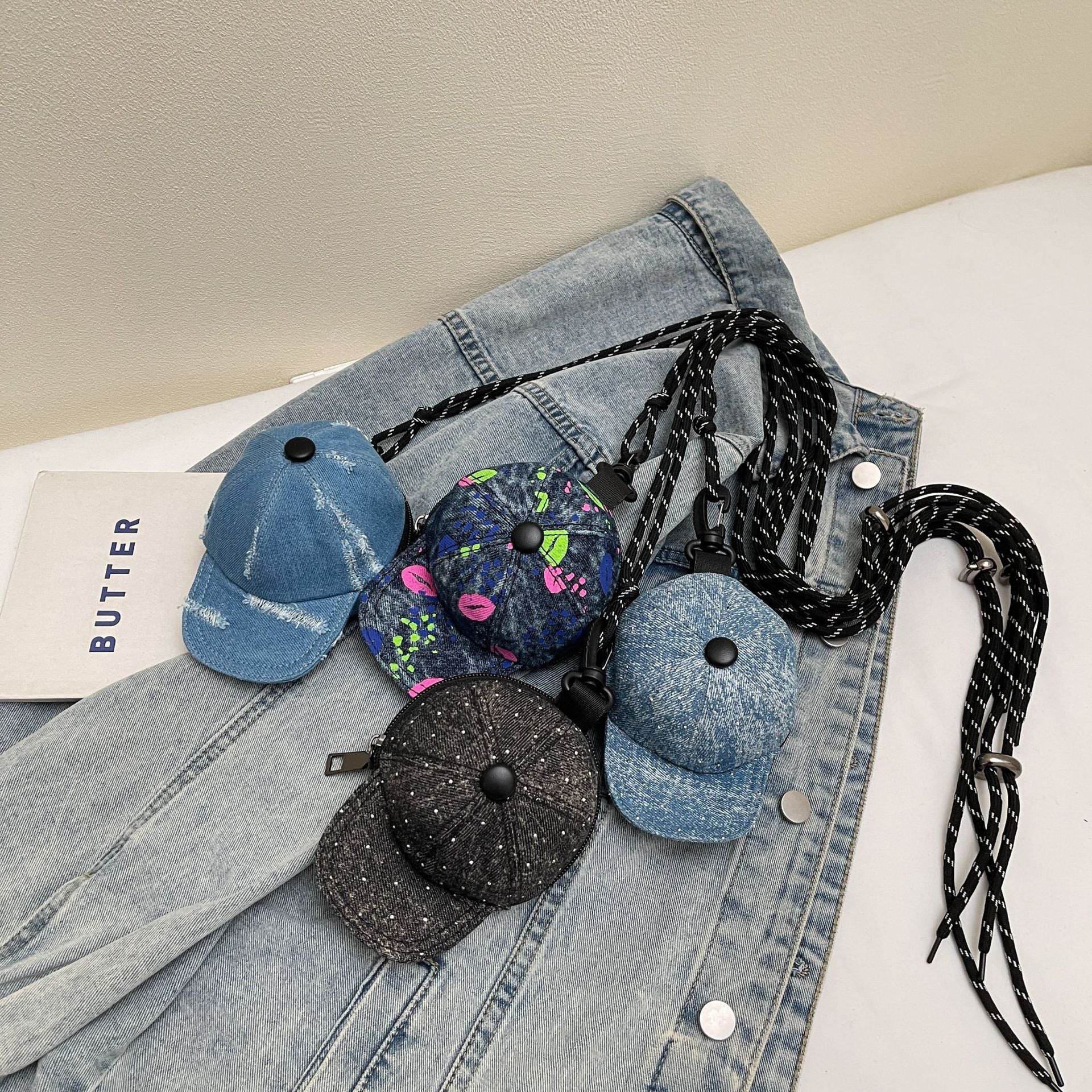 Denim Baseball Cap Messenger Bag with Earphones Storage