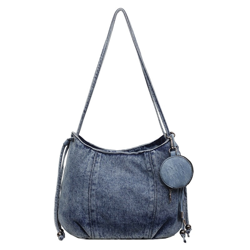 Miu Denim Dumpling Bag Large Capacity Shoulder Crossbody Retro Washed