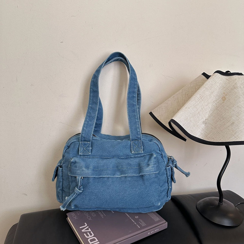 Large-Capacity Denim Tote Bag French Casual Commuting Retro Handbag
