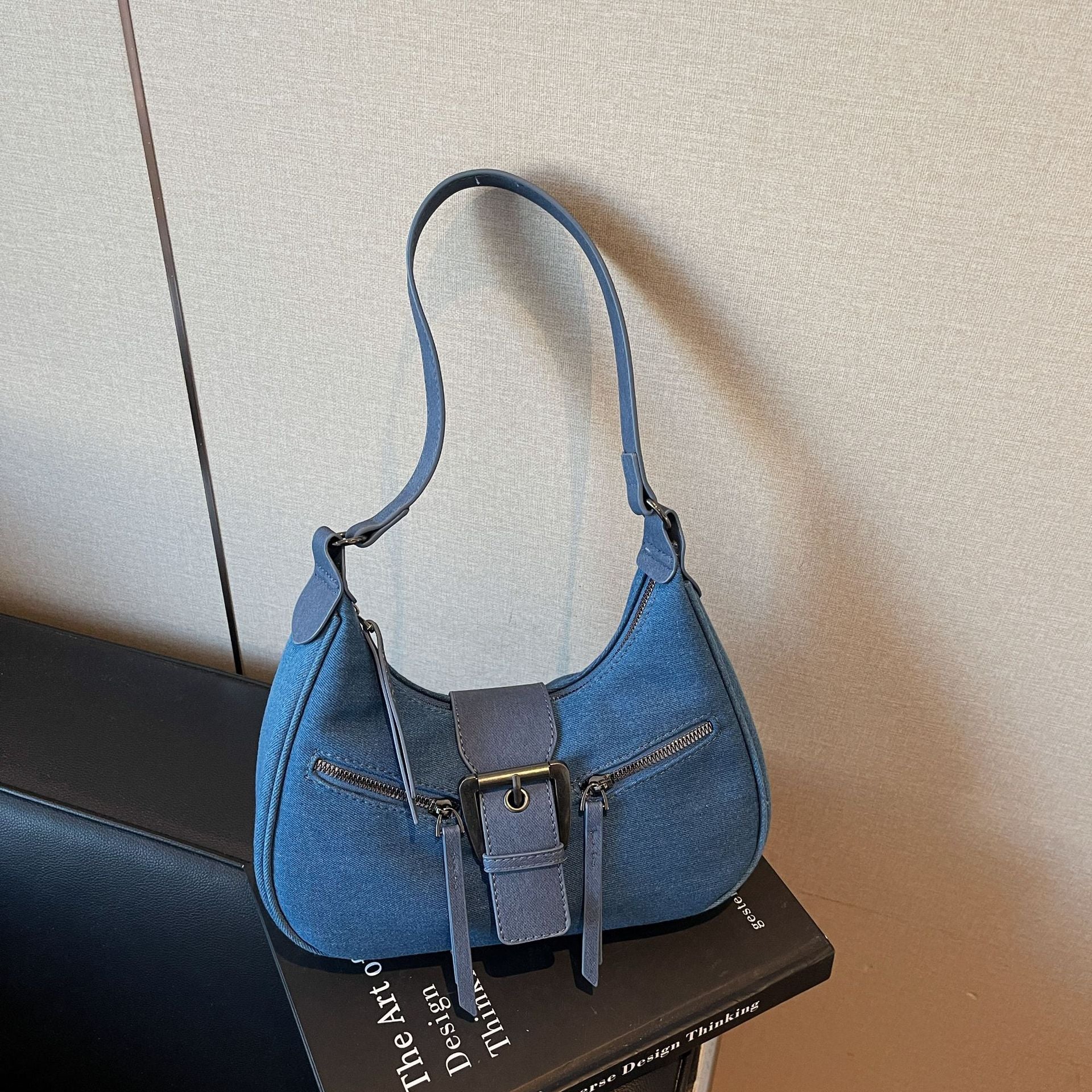 Retro Denim Crescent Shoulder Bag with Buckle