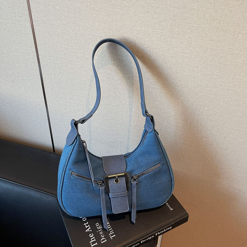 Retro Denim Crescent Shoulder Bag with Buckle