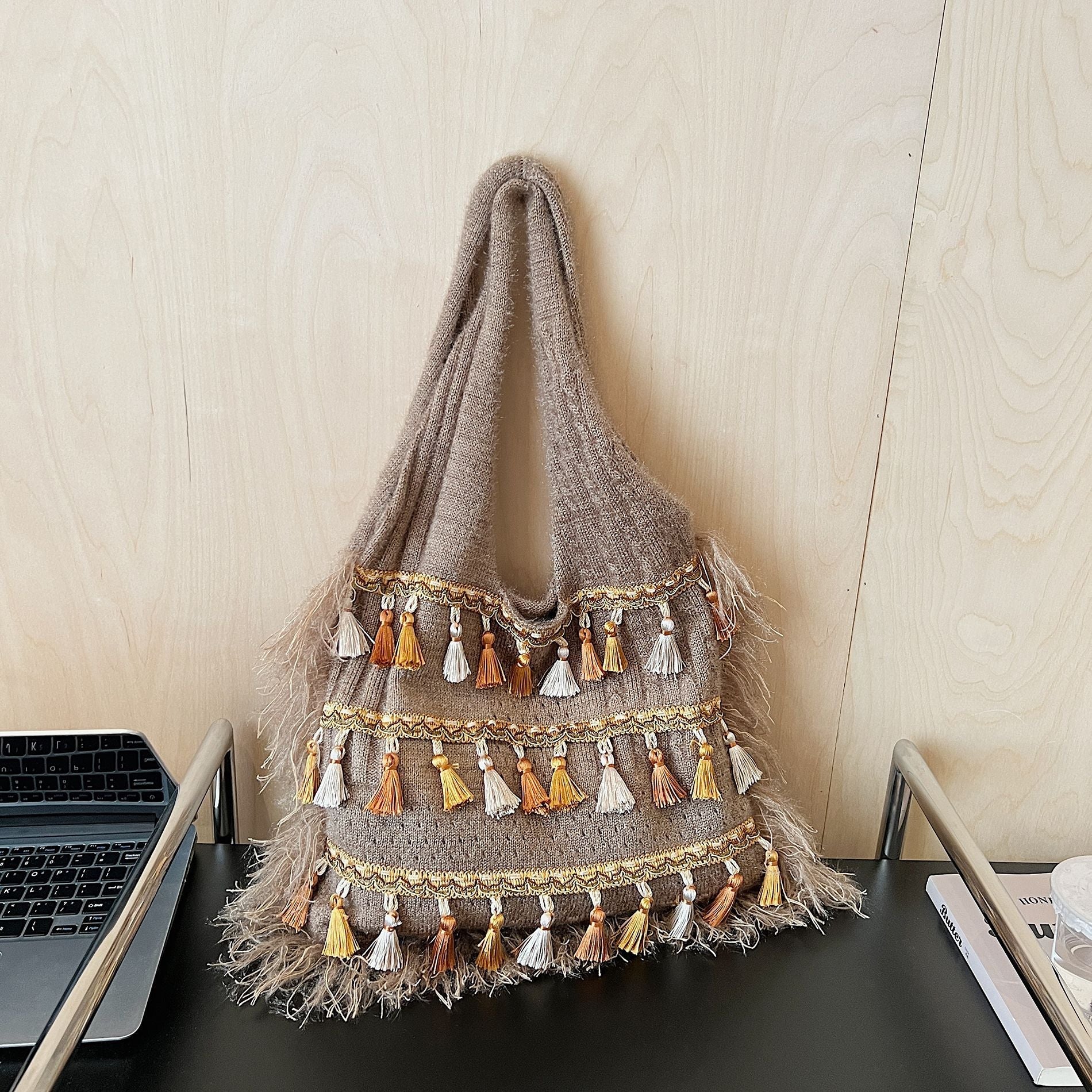 Ethnic Fringed Knitted Shoulder Bag for Women