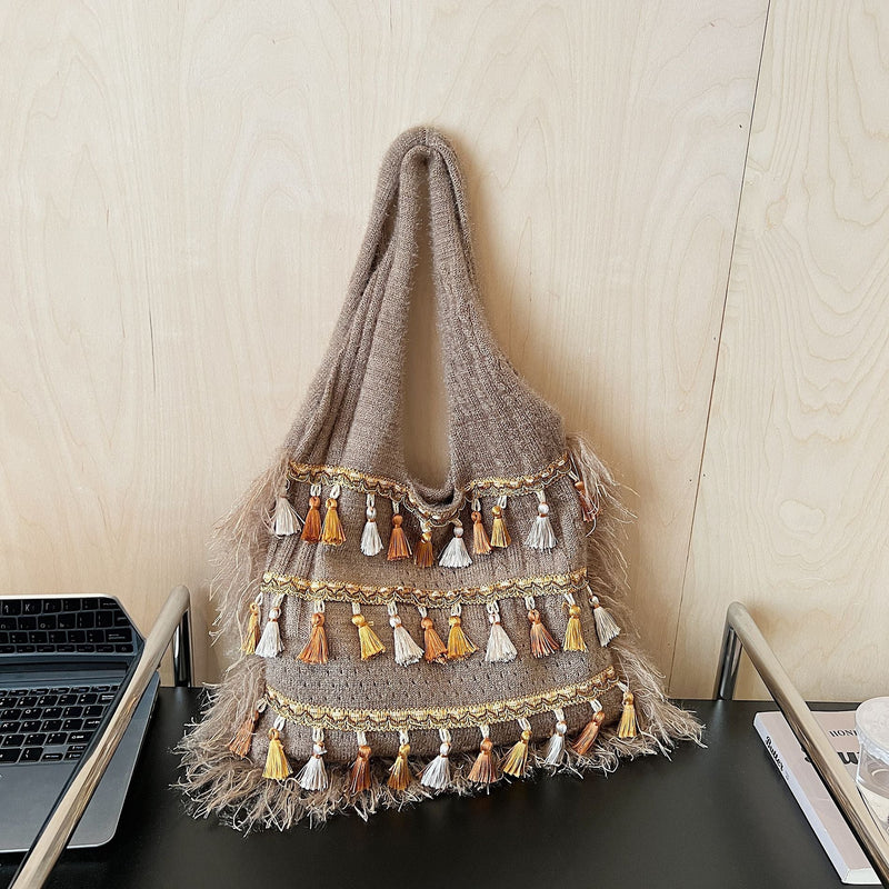 Ethnic Fringed Knitted Shoulder Bag for Women