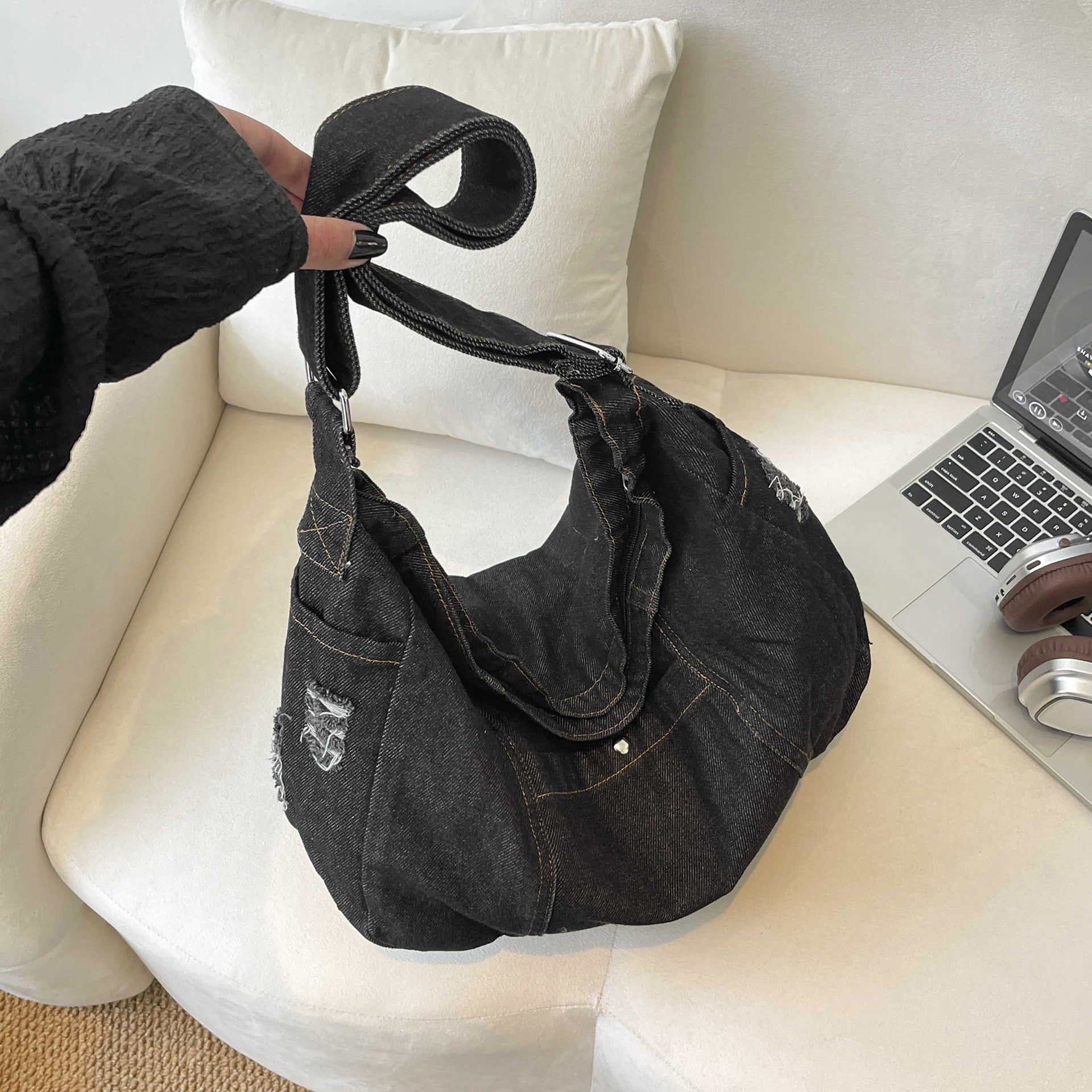 Harajuku Washed Denim Messenger Bag Literary Style Dumpling Bag