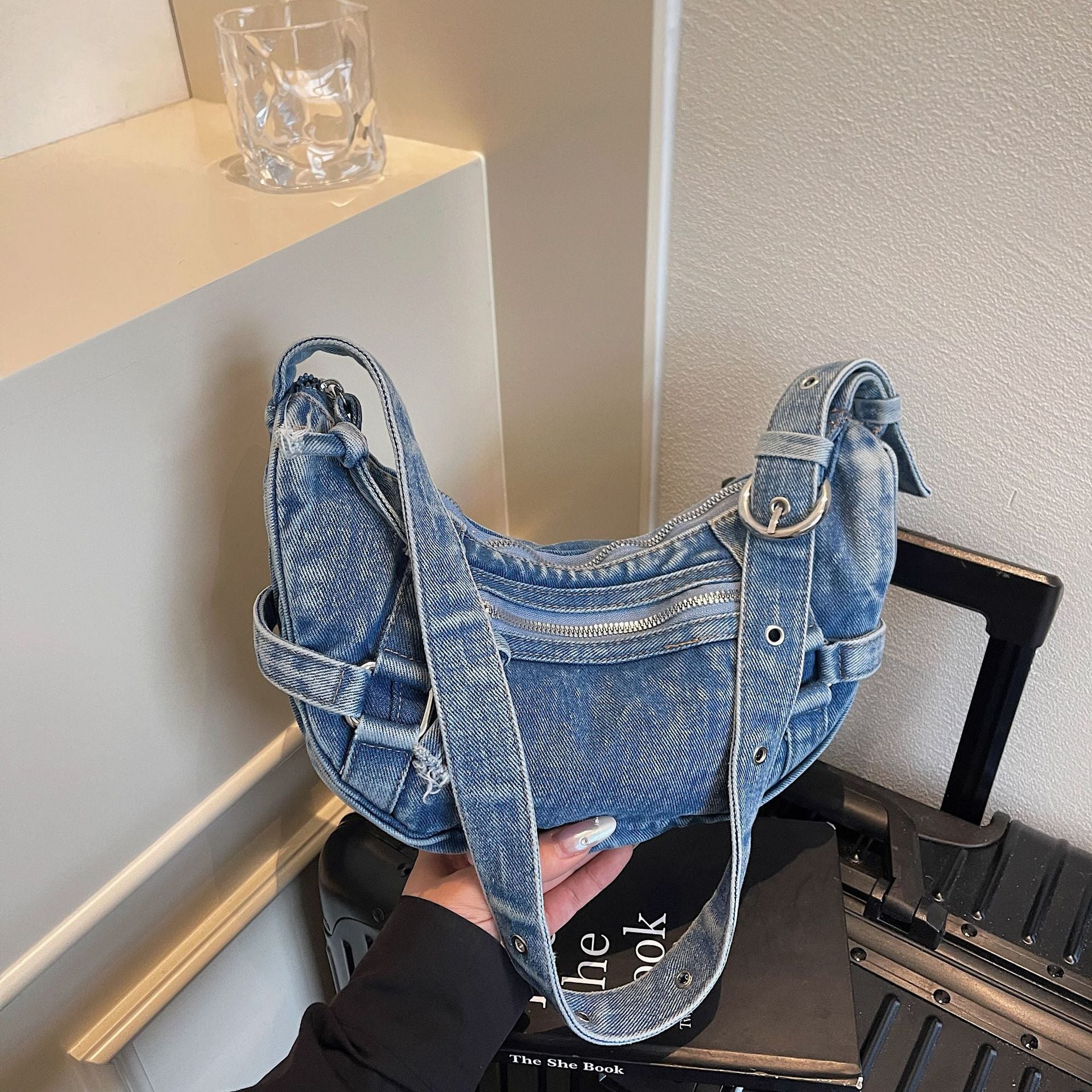 Matin Kim Denim Messenger Bag Retro Wash Crescent Shoulder Bag Women