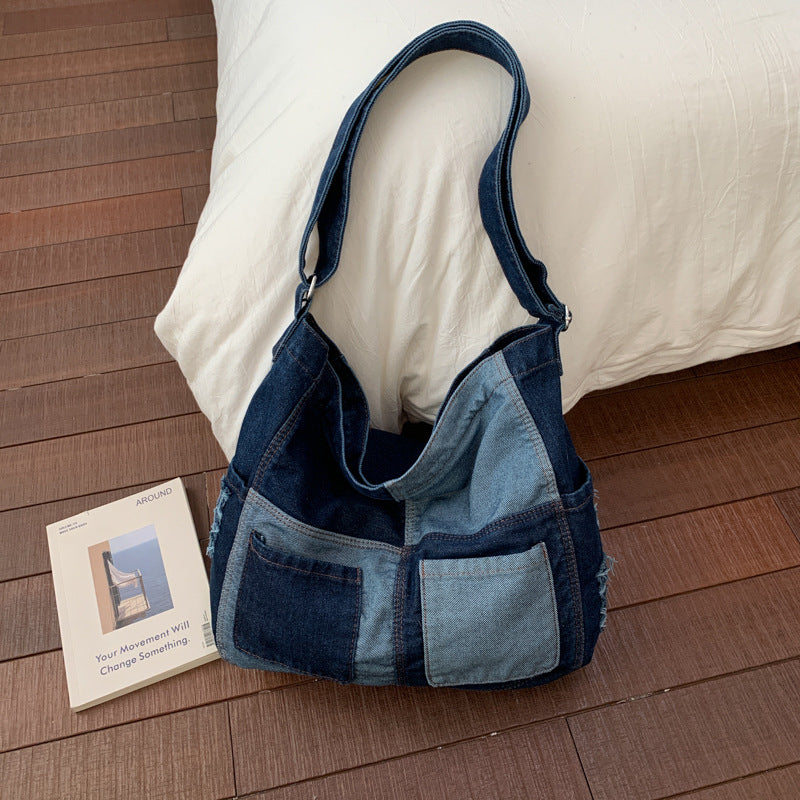 Retro Denim Shoulder Tote Bag Large Capacity Work Commuter