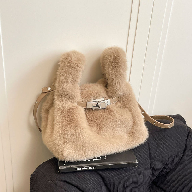 Light Luxury Plush Lock Shoulder Bag Trendy Commuter Messenger