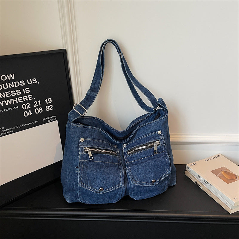 Large Capacity Denim Shoulder Bag for Commuters