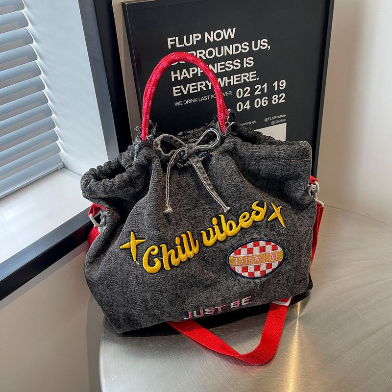 Ese Denim Embroidered Ballchain Tote Bag Large Capacity Shoulder Bag