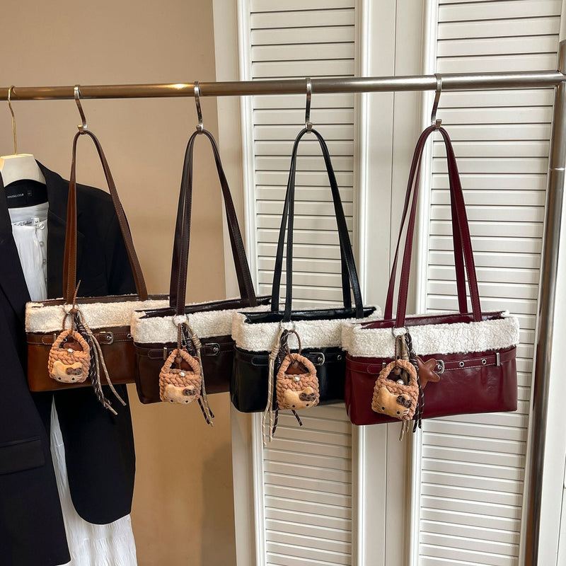 Retro Plush Splicing Shoulder Bag with Belt Buckle